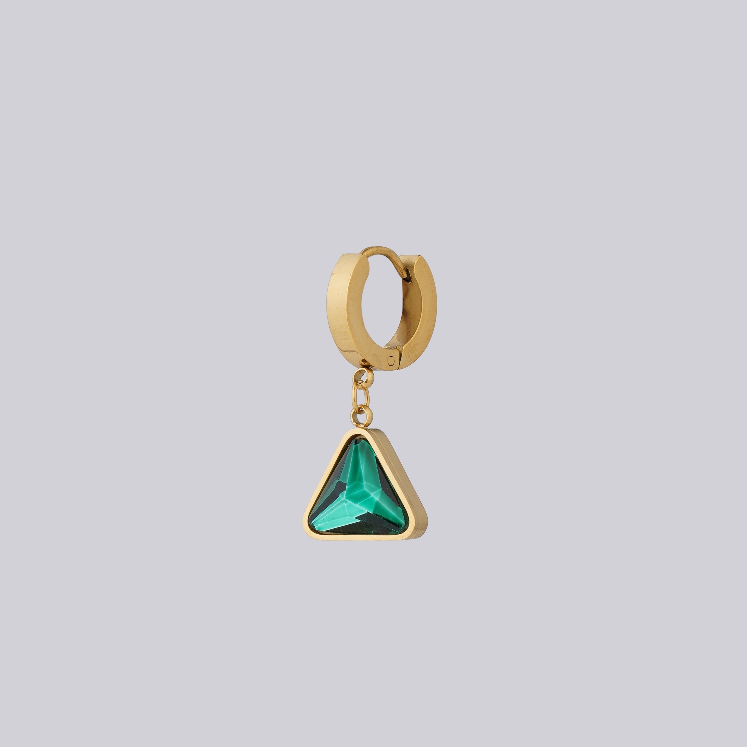 Gold Earring with A Green Stone Triangle