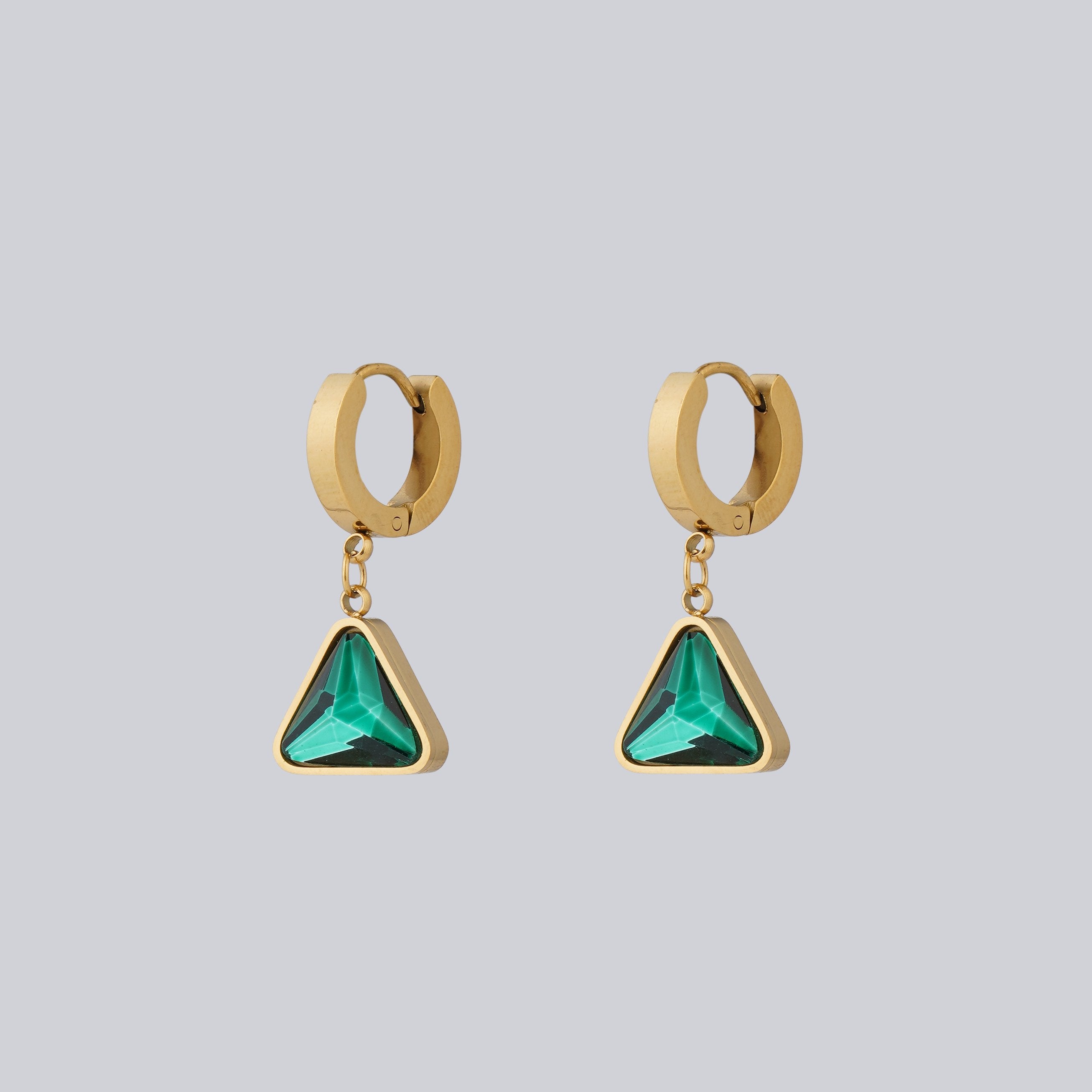 Gold Earring with A Green Stone Triangle